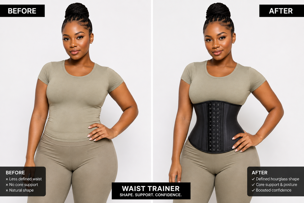 Before and after wearing the Steel Bone Latex Waist Trainer – defined hourglass shape, core support and posture improvement