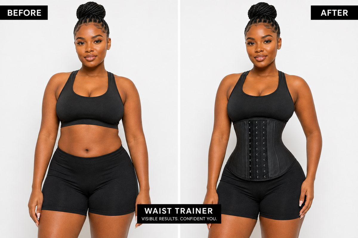 Before and after wearing the Steel Bone Latex Waist Trainer – visible waist slimming results