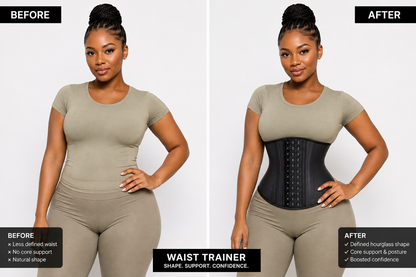 Before and after wearing the Steel Bone Latex Waist Trainer – defined hourglass shape, core support and posture improvement
