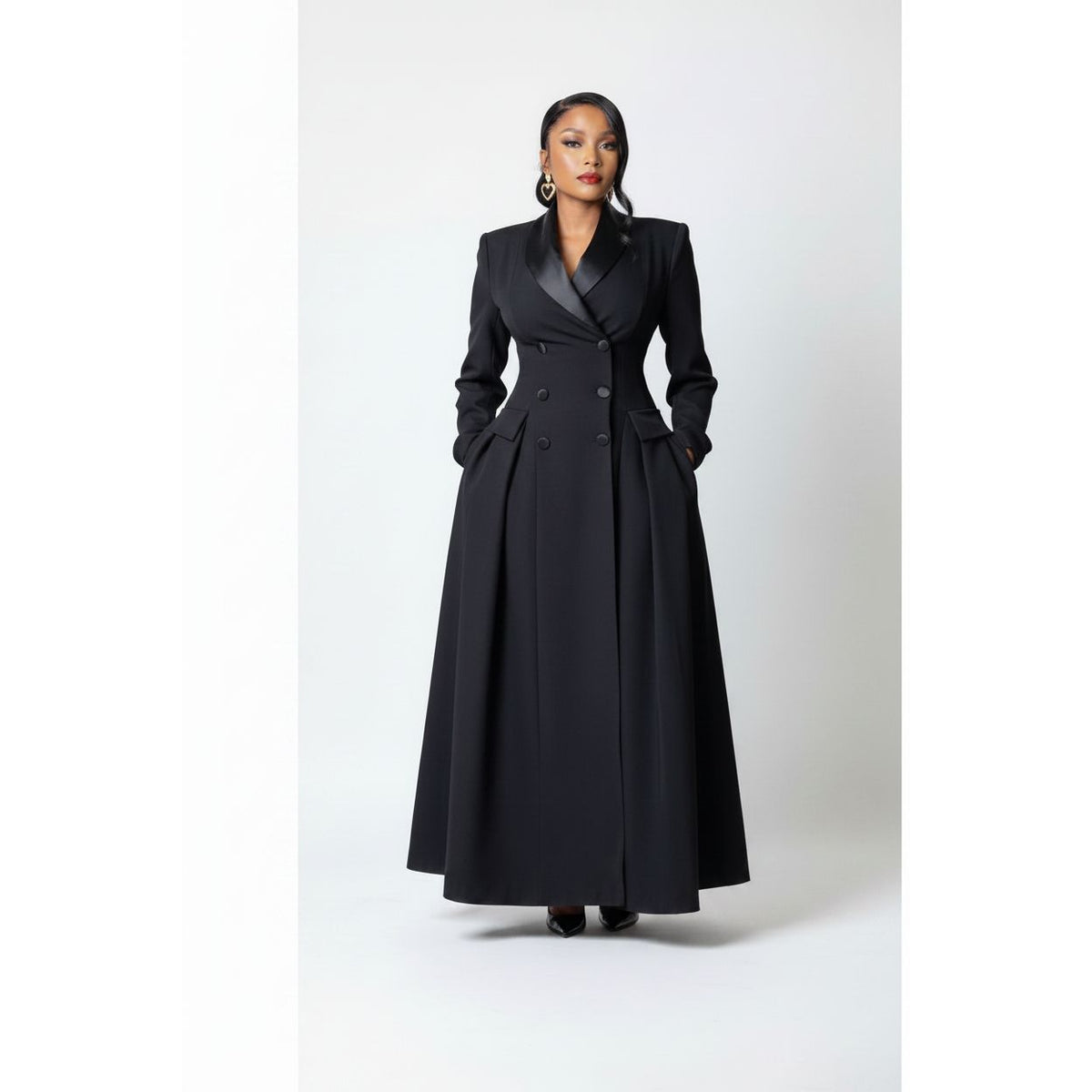 Women's plus size double breasted long coat dress in black - Yellow Sub Trading